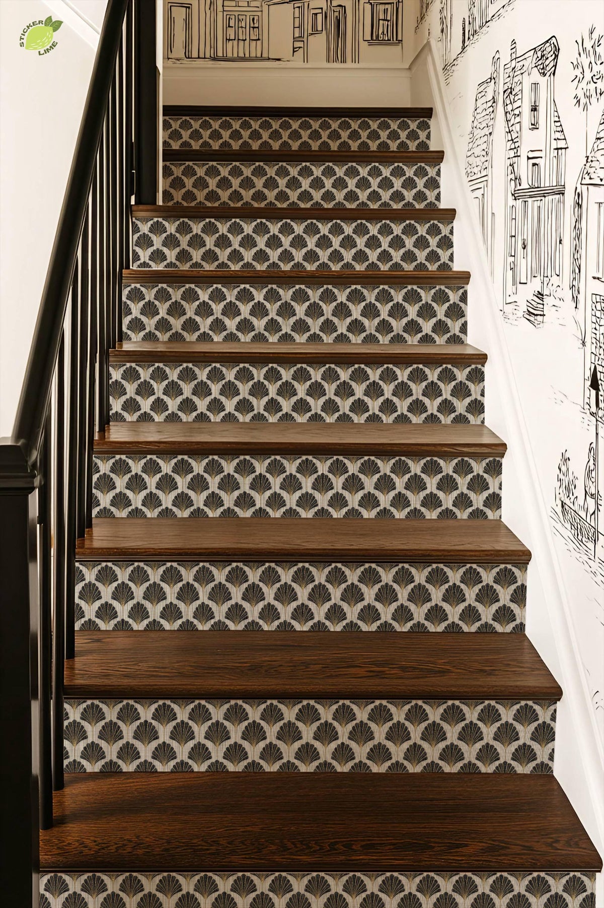 Art Deco Fan Motif peel and stick stair riser decals, photo 4 of 8