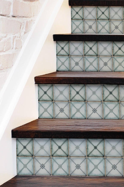 Vintage Rustic Sage Ceramic Motif peel and stick stair riser decals