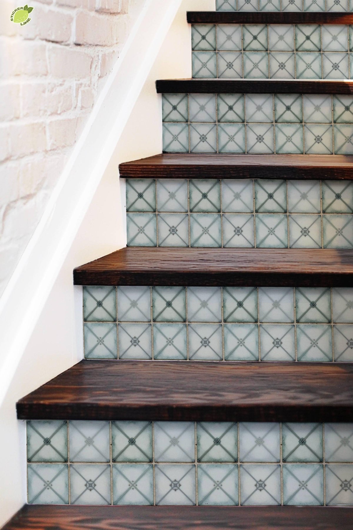 Vintage Rustic Sage Ceramic Motif peel and stick stair riser decals, photo 5 of 8