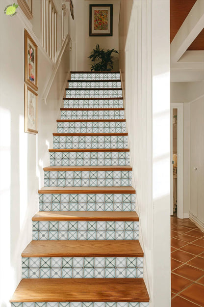 Vintage Rustic Sage Ceramic Motif peel and stick stair riser decals, photo 7 of 8