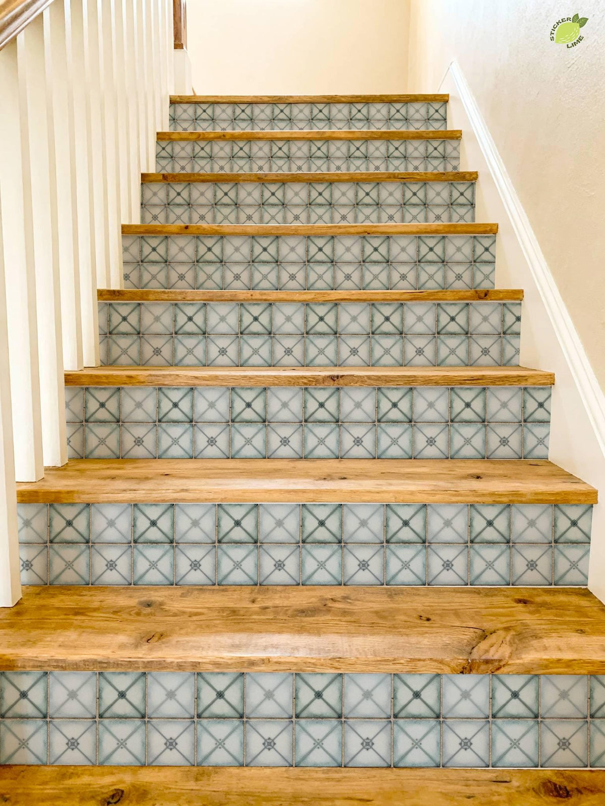 Vintage Rustic Sage Ceramic Motif peel and stick stair riser decals, photo 8 of 8