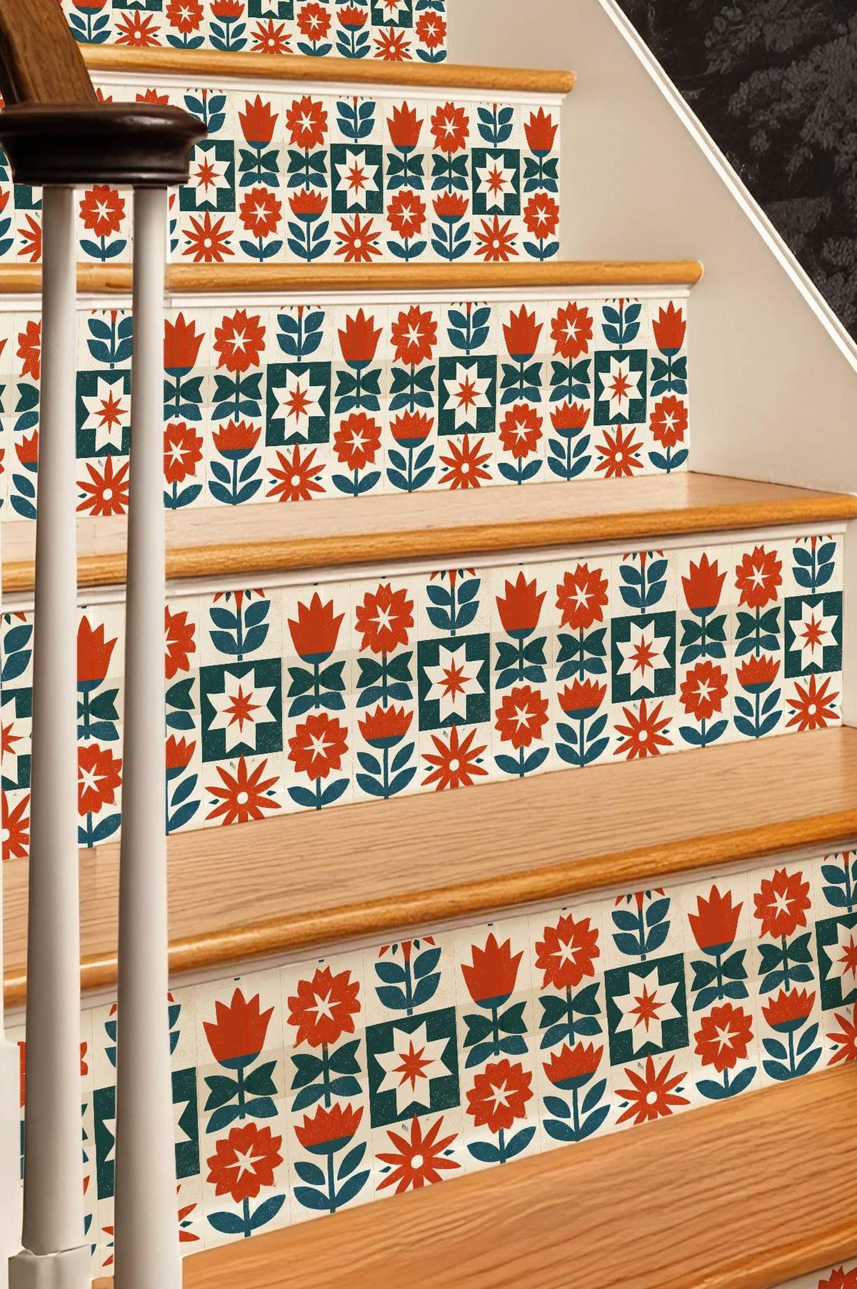 Mid-Century Modern Floral Block peel and stick stair riser decals