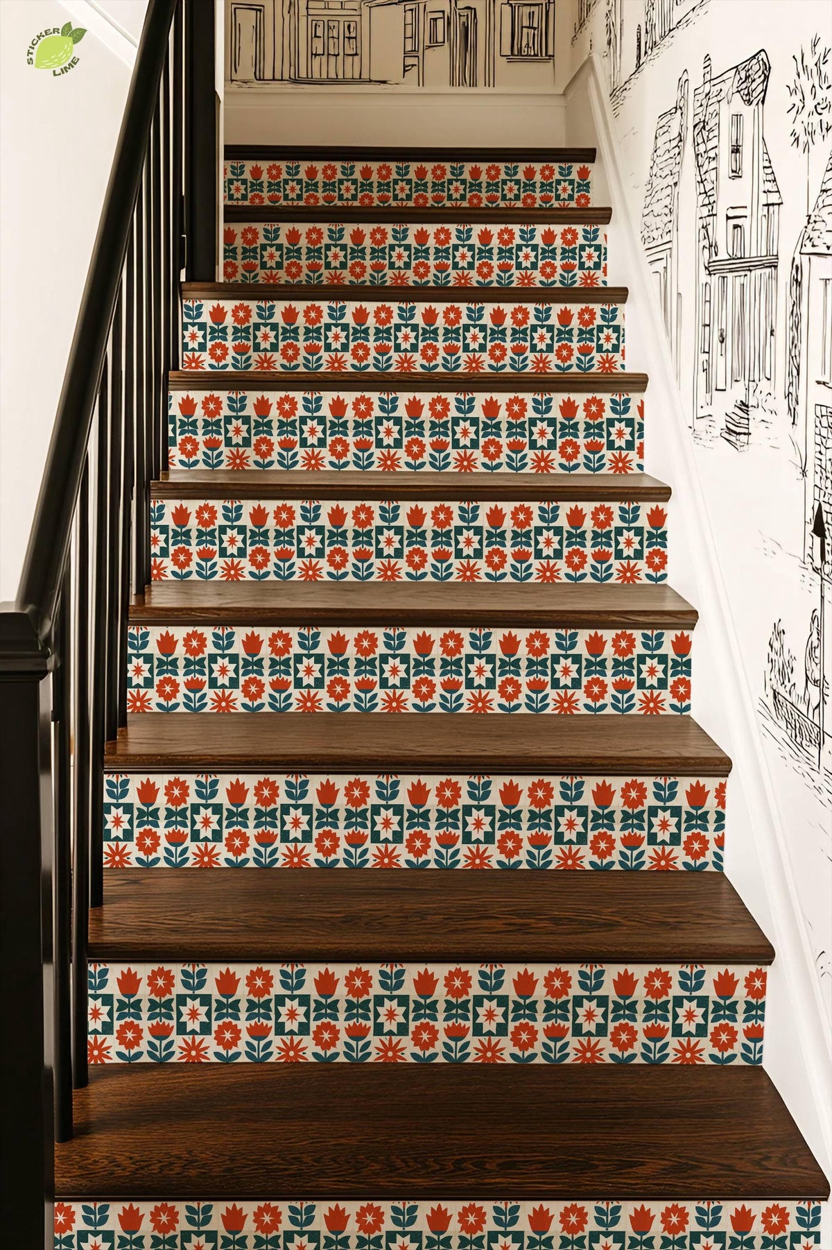 Mid-Century Modern Floral Block peel and stick stair riser decals, photo 4 of 8