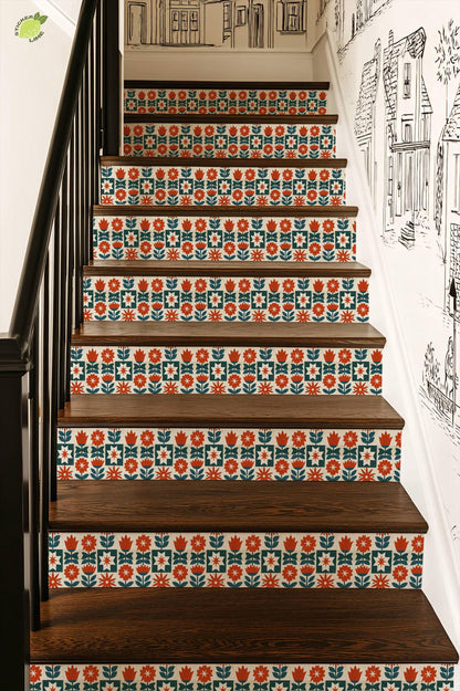 Mid-Century Modern Floral Block peel and stick stair riser decals, photo 4 of 8