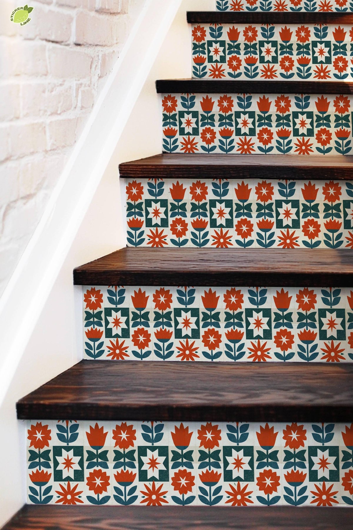 Mid-Century Modern Floral Block peel and stick stair riser decals, photo 5 of 8