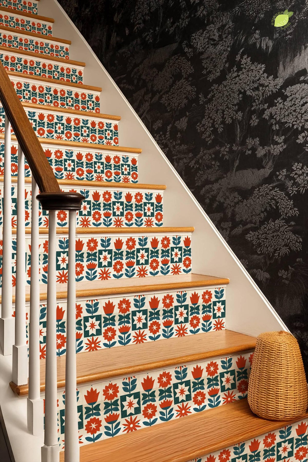 Mid-Century Modern Floral Block peel and stick stair riser decals, photo 6 of 8
