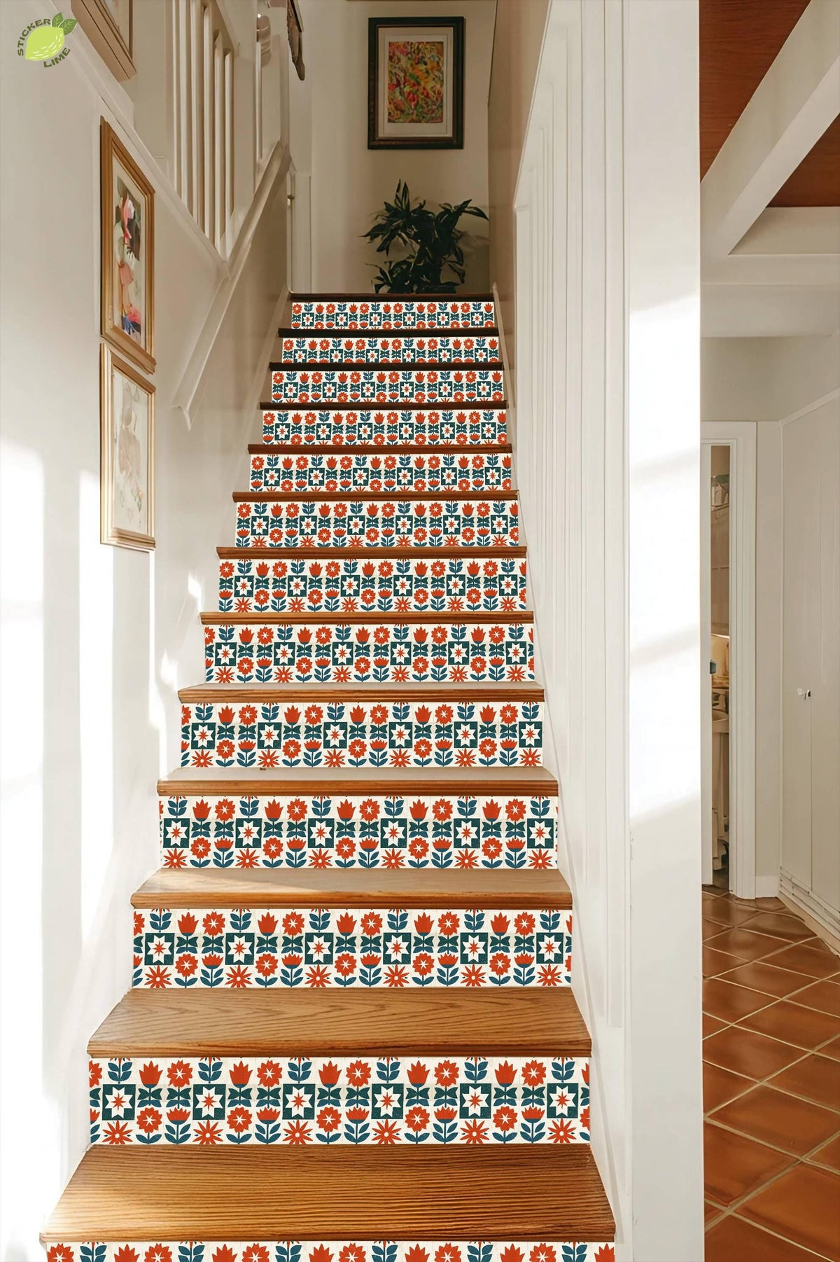 Mid-Century Modern Floral Block peel and stick stair riser decals, photo 7 of 8