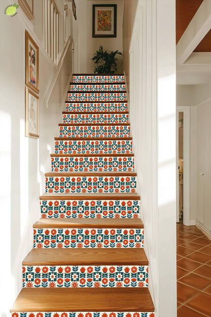 Mid-Century Modern Floral Block peel and stick stair riser decals, photo 7 of 8