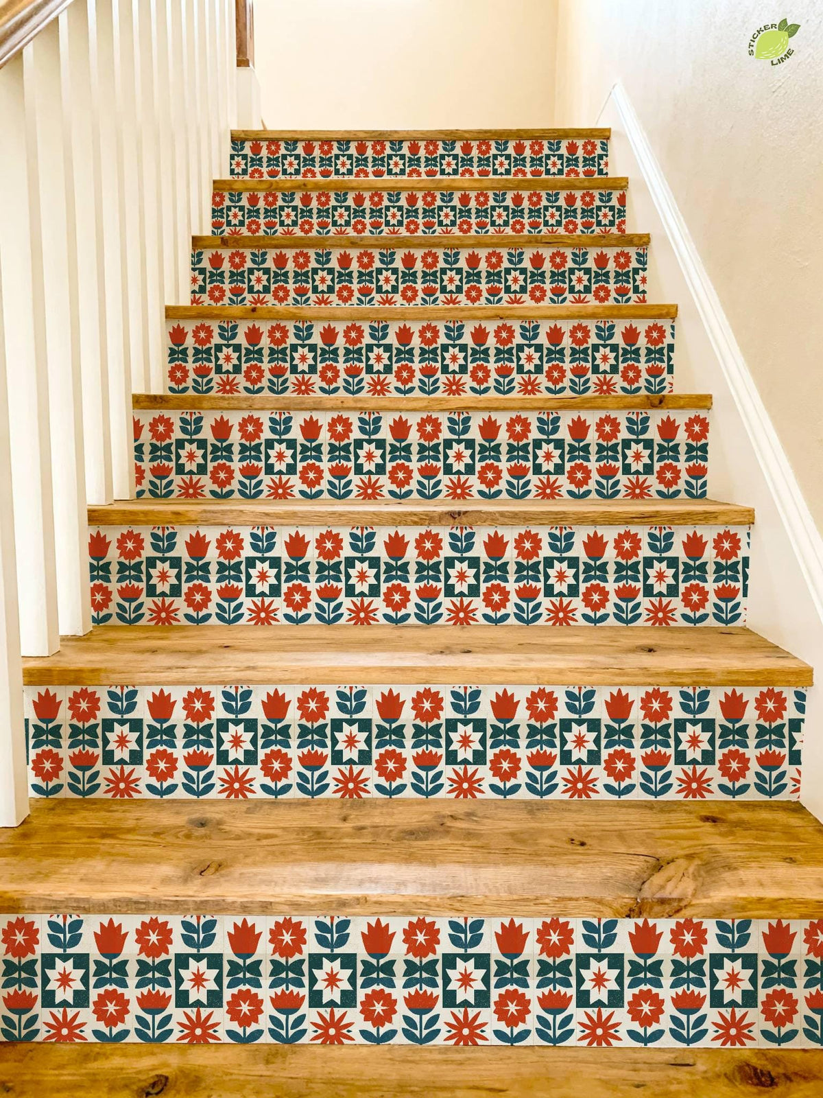 Mid-Century Modern Floral Block peel and stick stair riser decals, photo 8 of 8