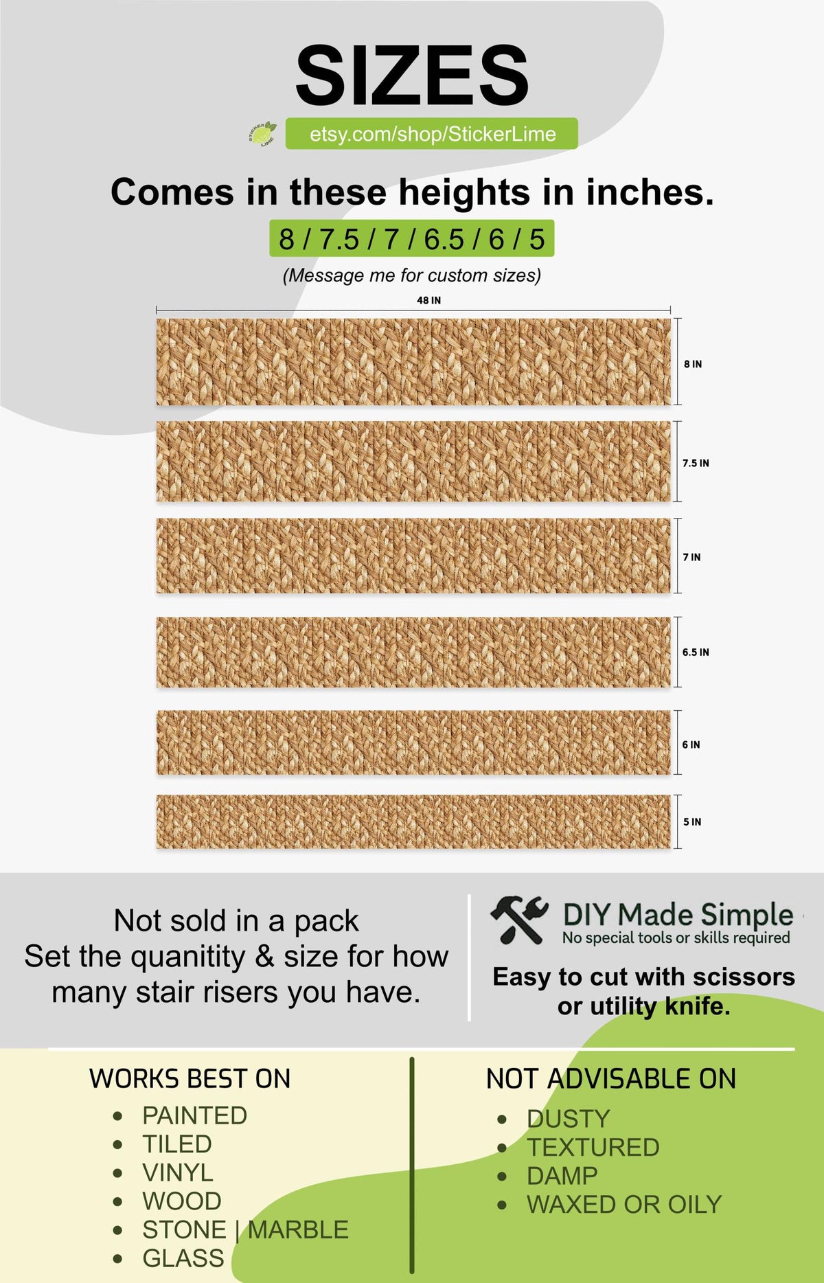 Natural Braided Jute Texture peel and stick stair riser decals, photo 3 of 8