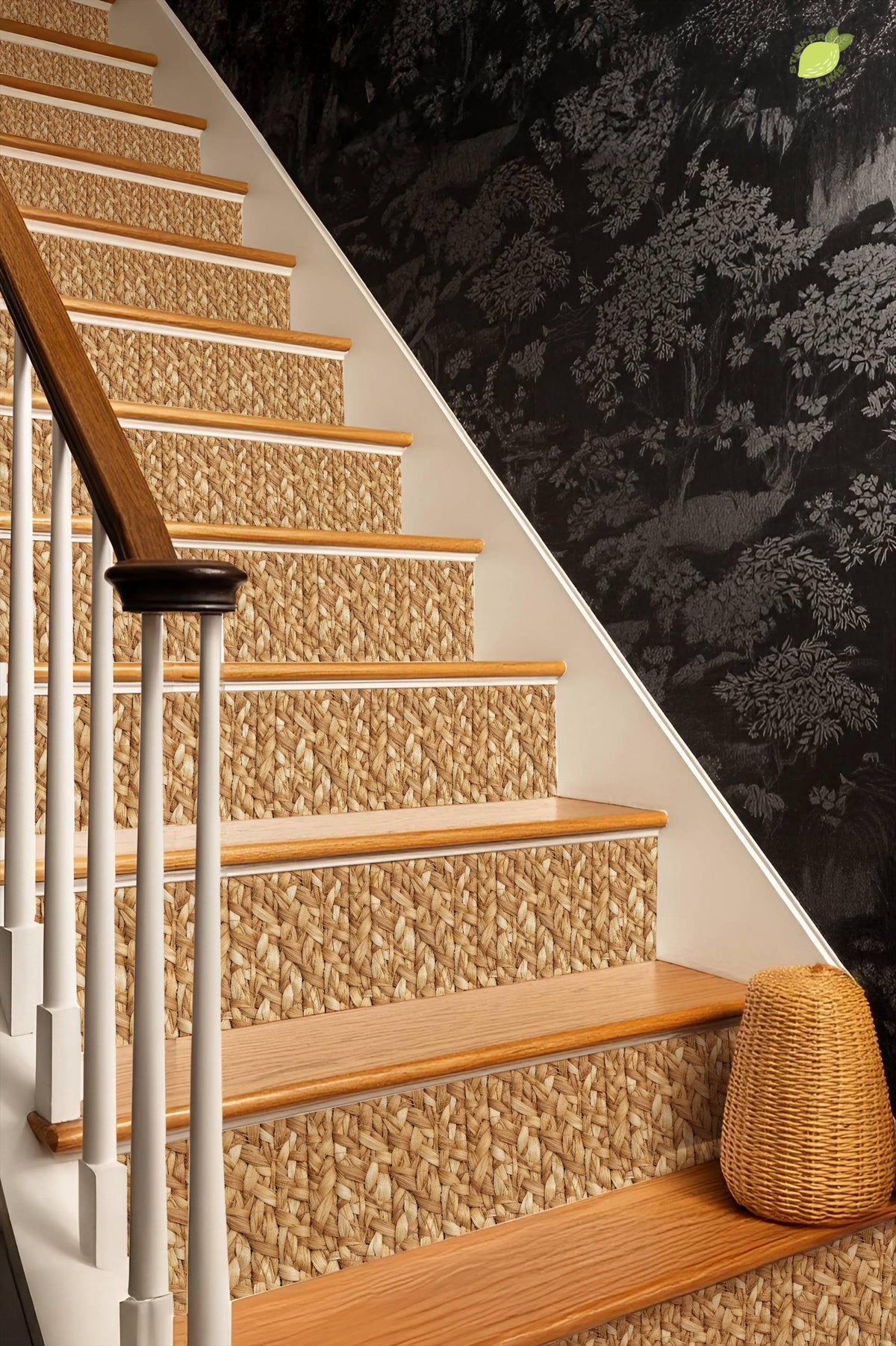 Natural Braided Jute Texture peel and stick stair riser decals, photo 6 of 8