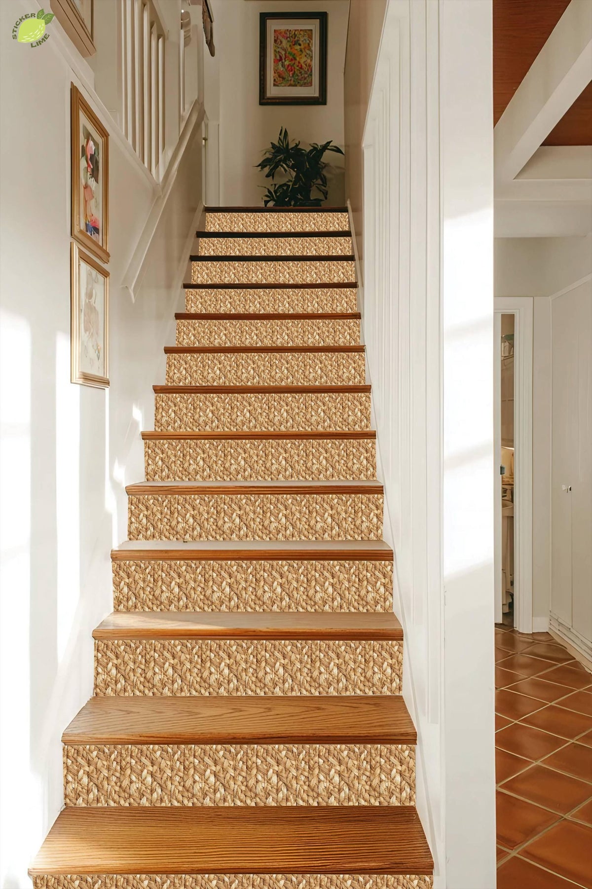 Natural Braided Jute Texture peel and stick stair riser decals, photo 7 of 8