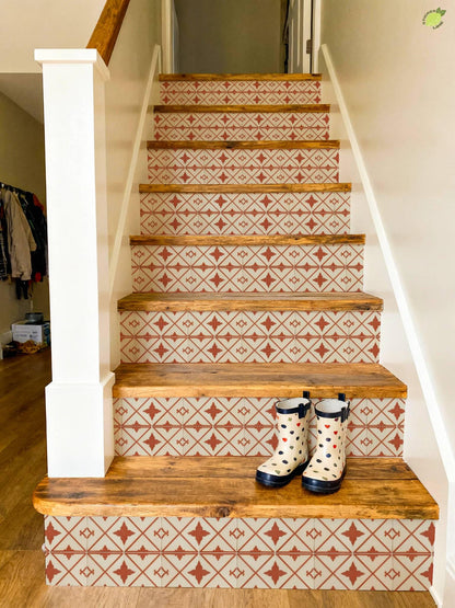 Terracotta Cream Oversized Arabesque Lattice peel and stick stair riser decals