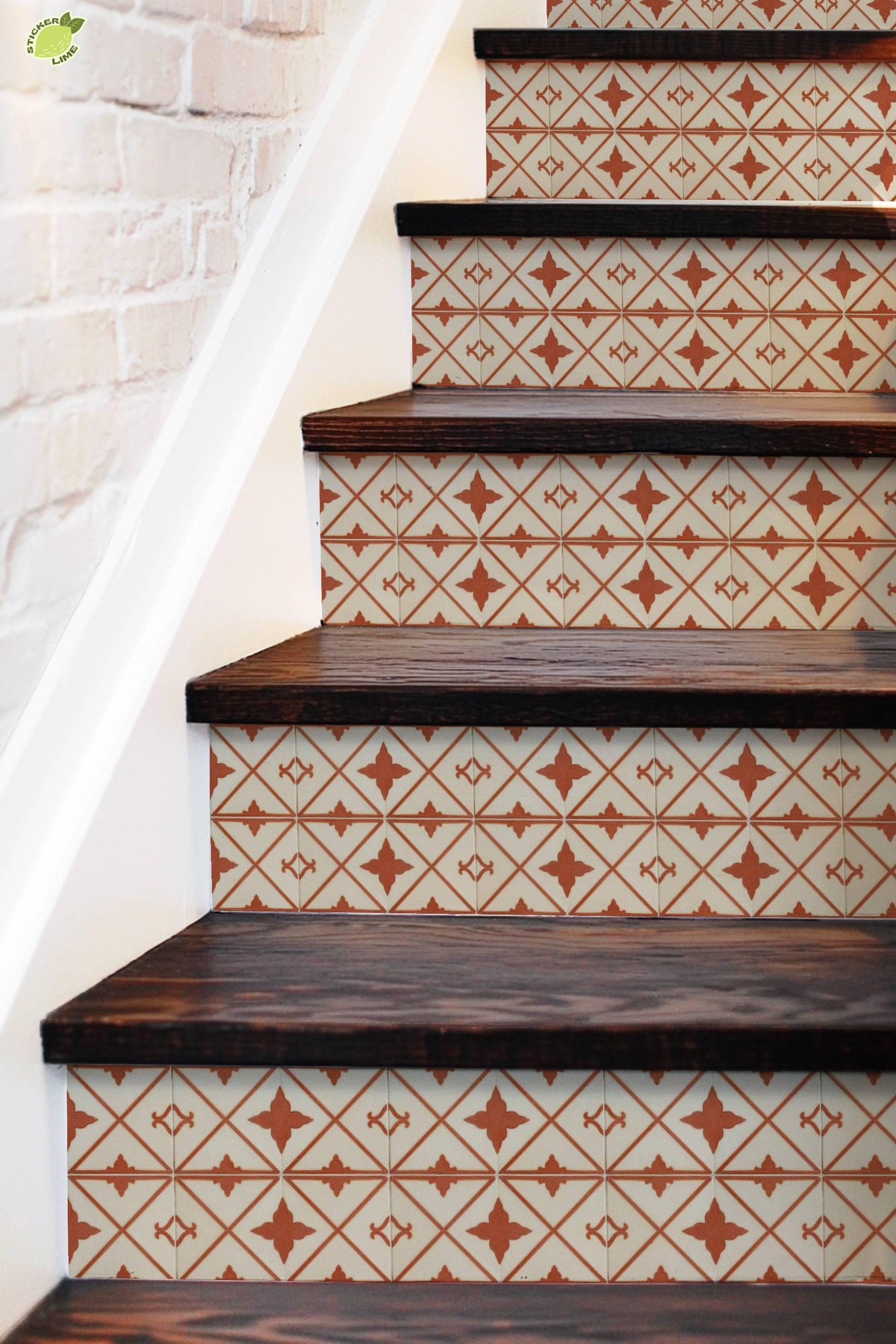 Terracotta Cream Oversized Arabesque Lattice peel and stick stair riser decals, photo 5 of 8