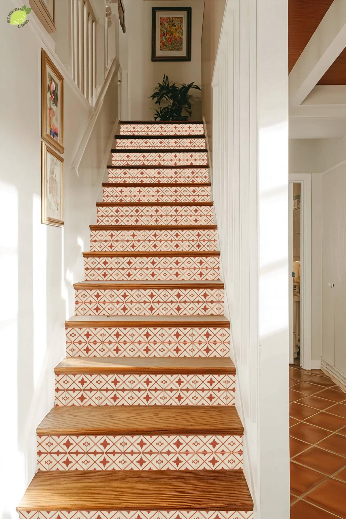 Terracotta Cream Oversized Arabesque Lattice peel and stick stair riser decals, photo 7 of 8