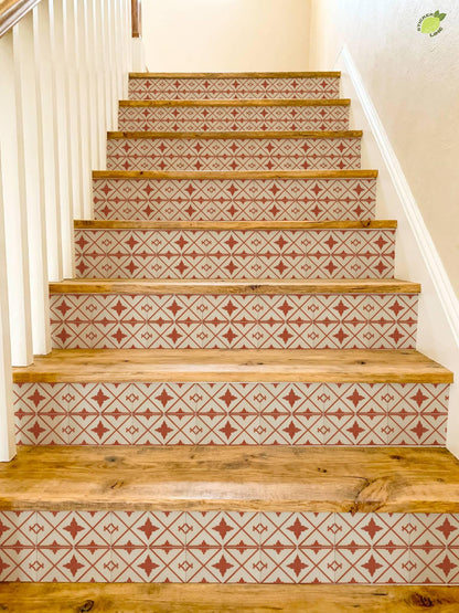 Terracotta Cream Oversized Arabesque Lattice peel and stick stair riser decals, photo 8 of 8