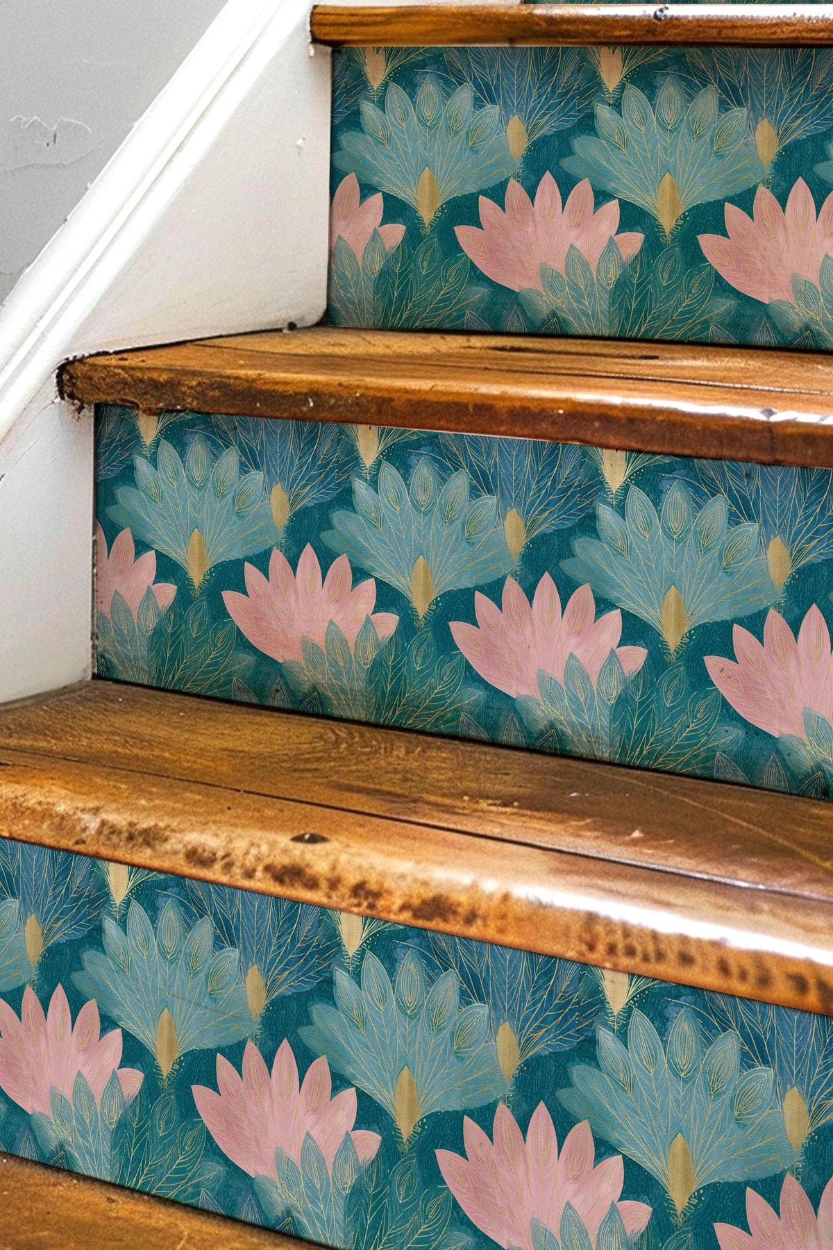 Teal and Blush Lotus Flower peel and stick stair riser decals