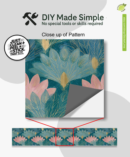 Teal and Blush Lotus Flower peel and stick stair riser decals, photo 2 of 8