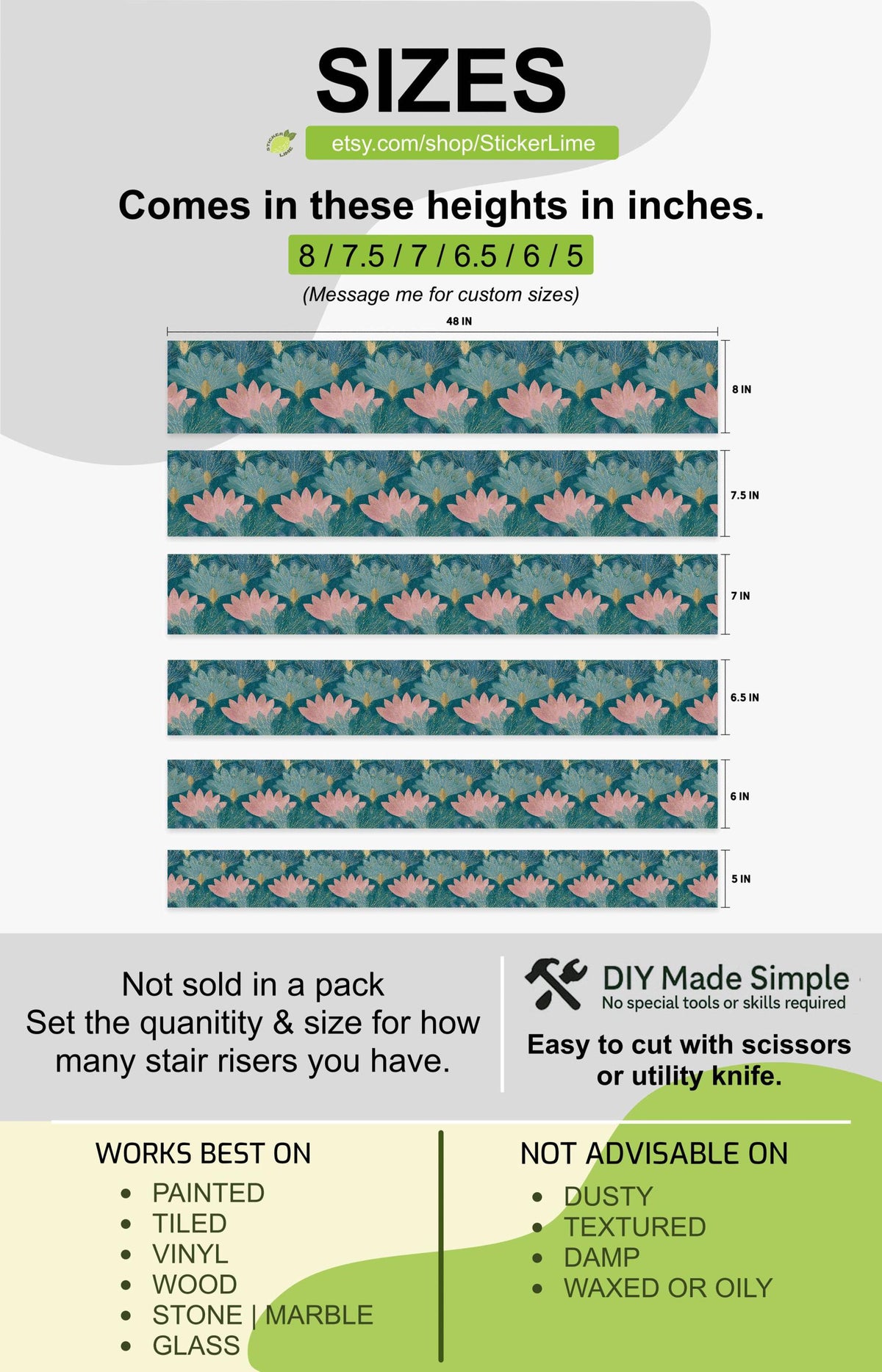 Teal and Blush Lotus Flower peel and stick stair riser decals, photo 3 of 8