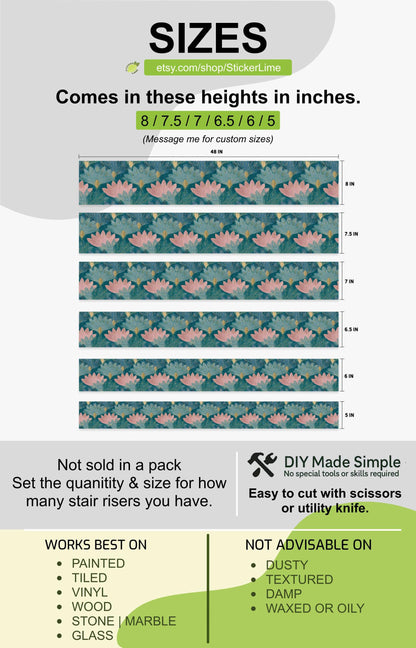 Teal and Blush Lotus Flower peel and stick stair riser decals, photo 3 of 8