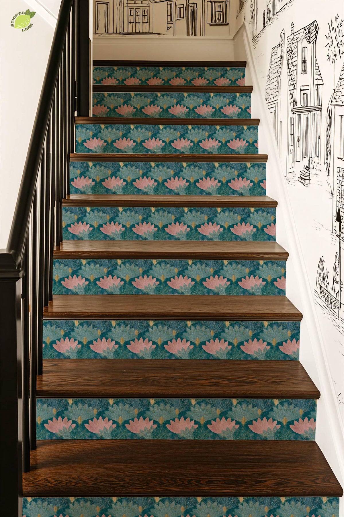 Teal and Blush Lotus Flower peel and stick stair riser decals, photo 4 of 8