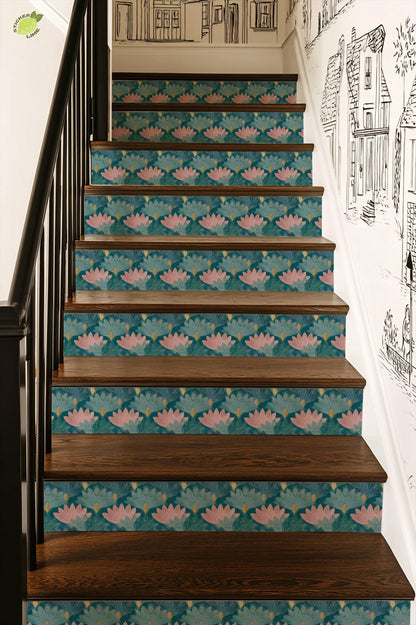 Teal and Blush Lotus Flower peel and stick stair riser decals, photo 4 of 8