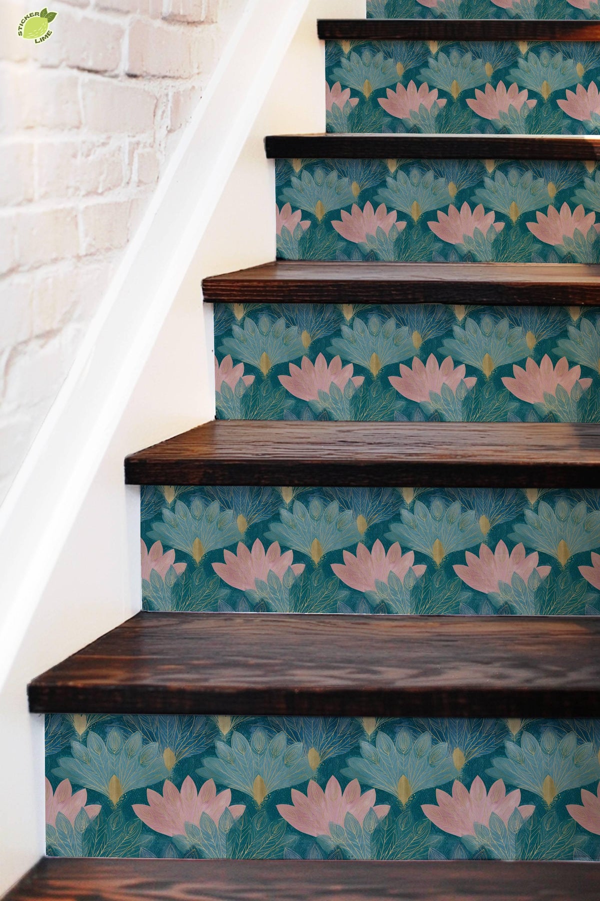 Teal and Blush Lotus Flower peel and stick stair riser decals, photo 5 of 8
