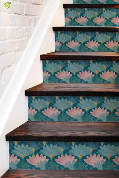 Teal and Blush Lotus Flower peel and stick stair riser decals, photo 5 of 8