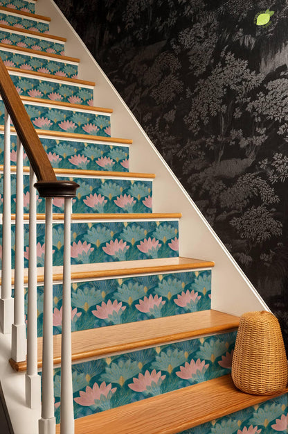 Teal and Blush Lotus Flower peel and stick stair riser decals, photo 6 of 8