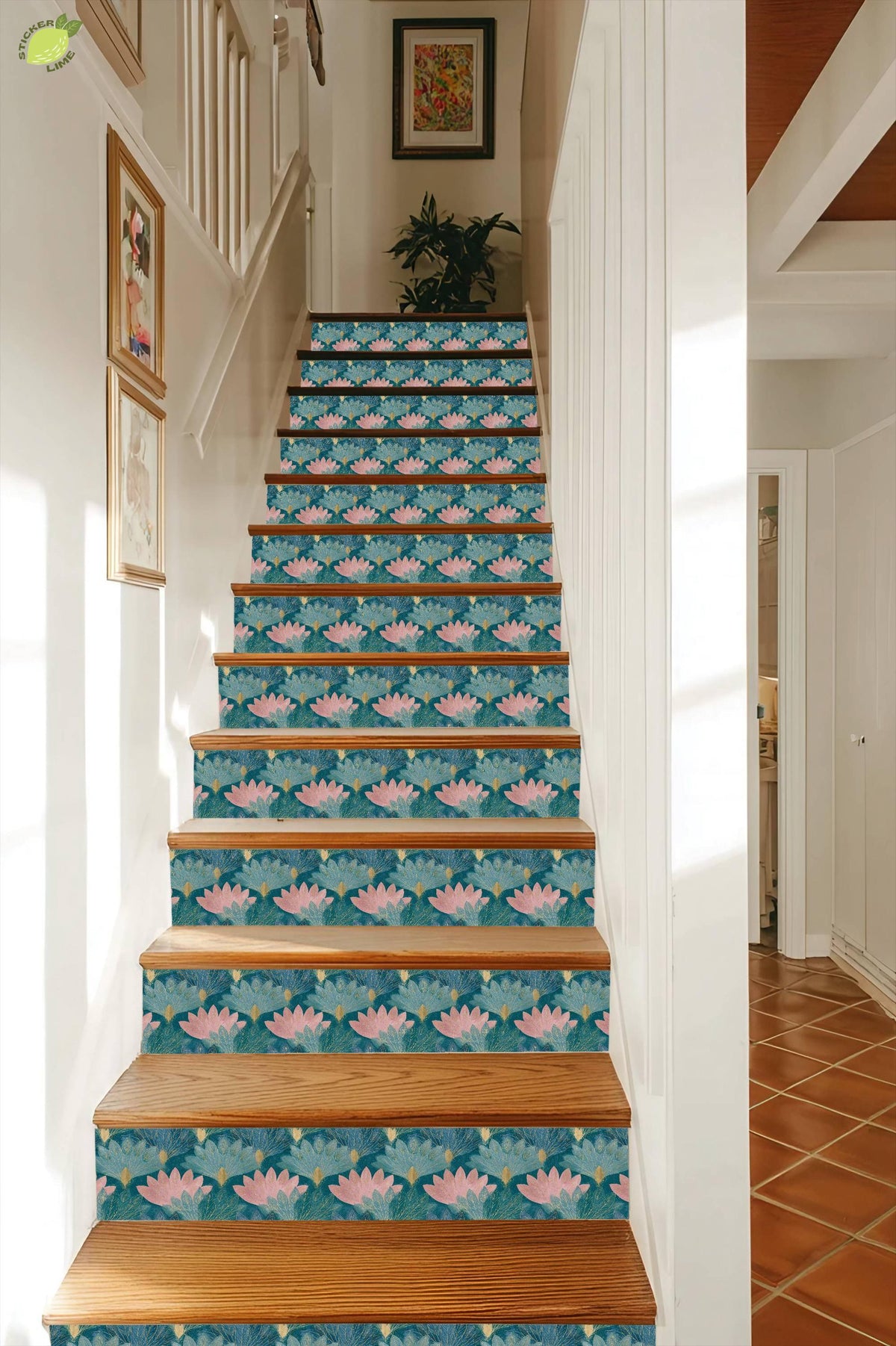 Teal and Blush Lotus Flower peel and stick stair riser decals, photo 7 of 8