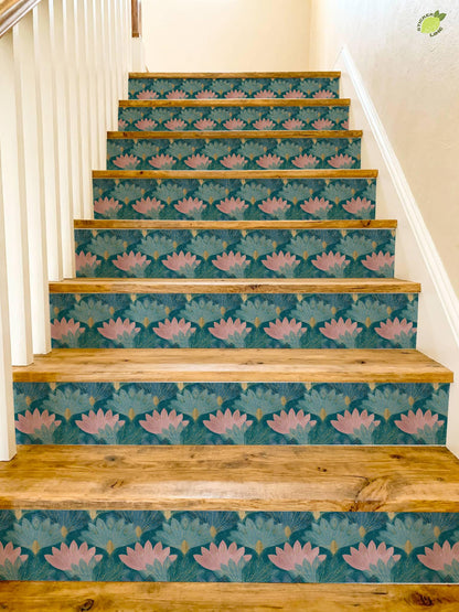 Teal and Blush Lotus Flower peel and stick stair riser decals, photo 8 of 8
