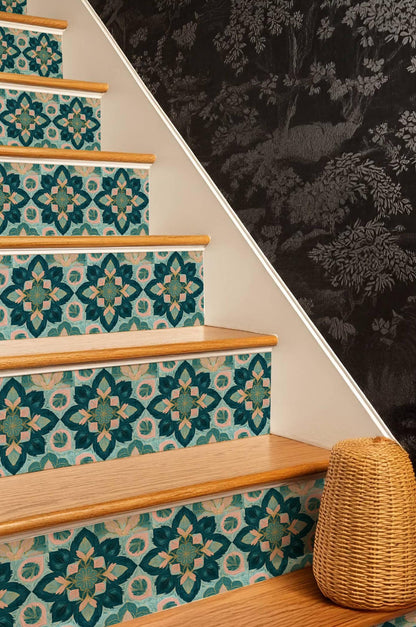 Teal and Blush Floral Ornament peel and stick stair riser decals
