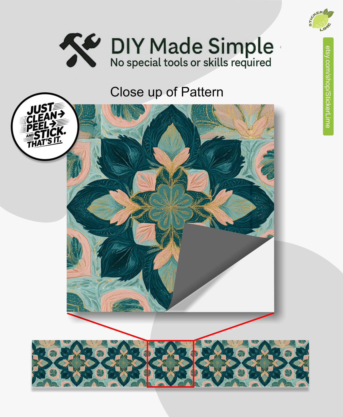 Teal and Blush Floral Ornament peel and stick stair riser decals, photo 2 of 8