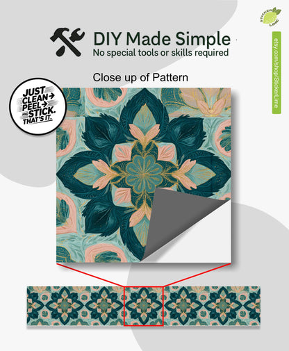 Teal and Blush Floral Ornament peel and stick stair riser decals, photo 2 of 8