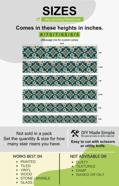 Teal and Blush Floral Ornament peel and stick stair riser decals, photo 3 of 8