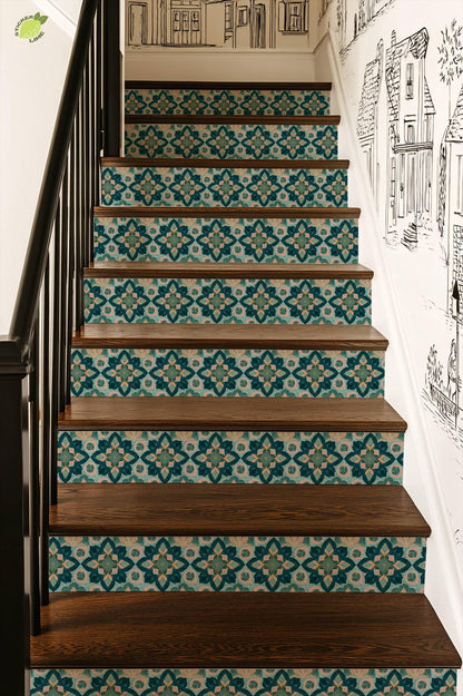 Teal and Blush Floral Ornament peel and stick stair riser decals, photo 4 of 8