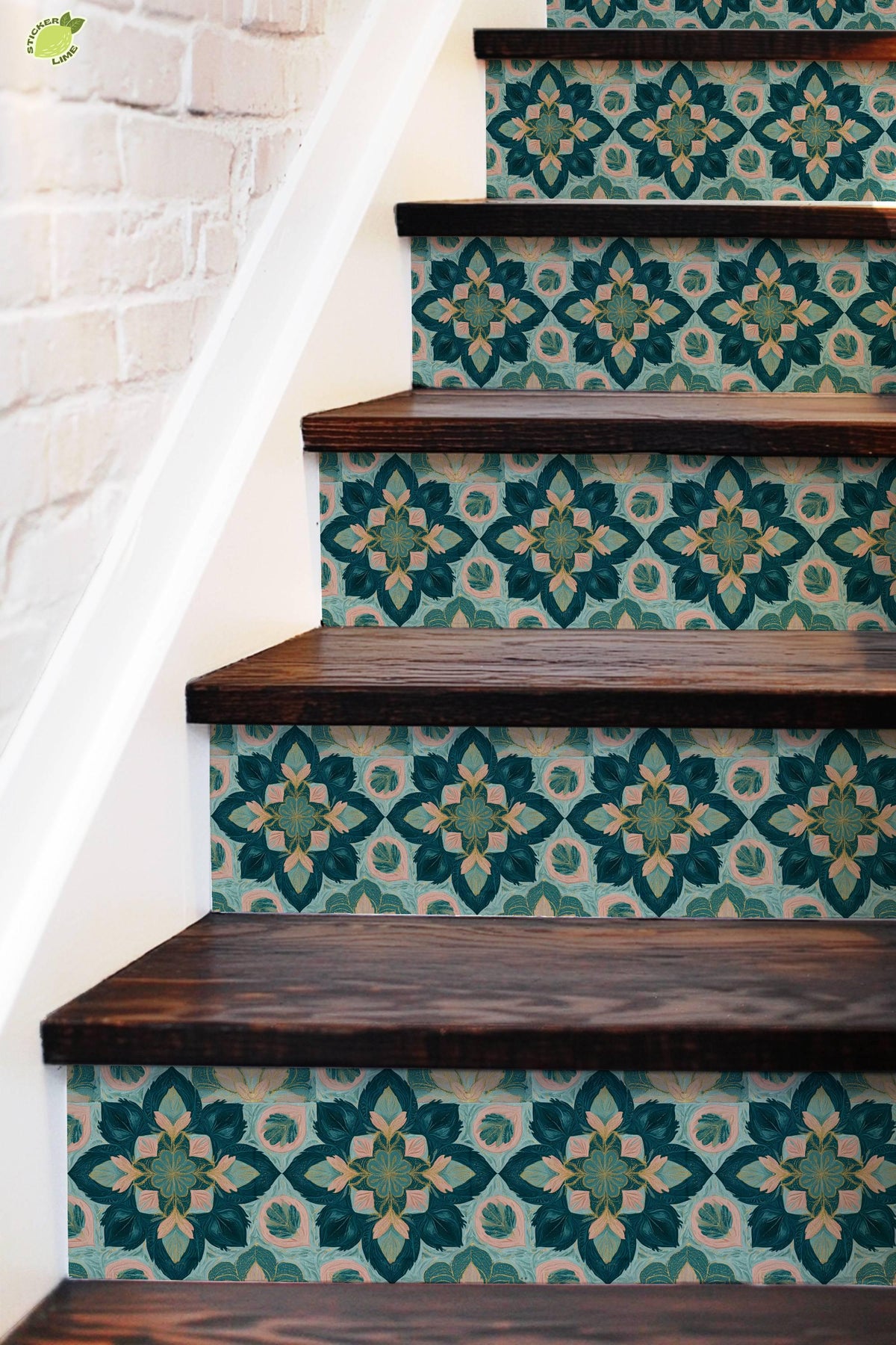 Teal and Blush Floral Ornament peel and stick stair riser decals, photo 5 of 8