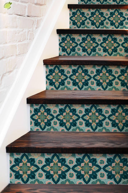 Teal and Blush Floral Ornament peel and stick stair riser decals, photo 5 of 8