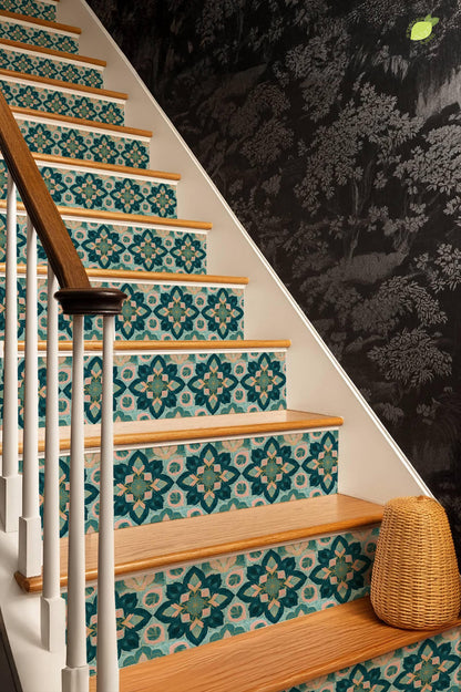 Teal and Blush Floral Ornament peel and stick stair riser decals, photo 6 of 8