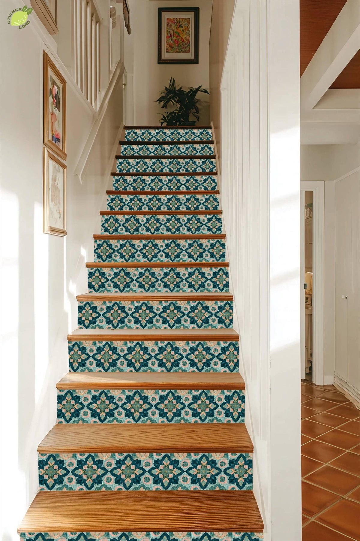 Teal and Blush Floral Ornament peel and stick stair riser decals, photo 7 of 8
