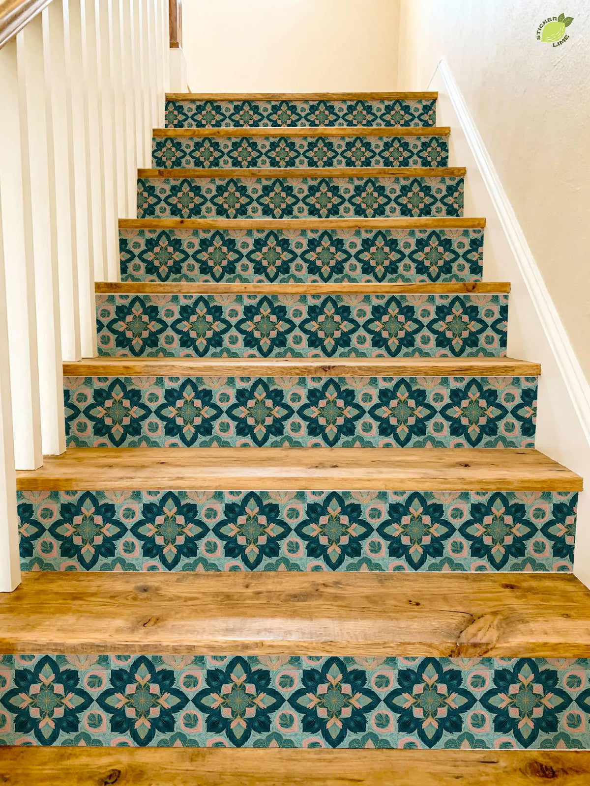 Teal and Blush Floral Ornament peel and stick stair riser decals, photo 8 of 8