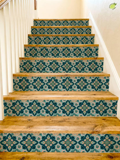 Teal and Blush Floral Ornament peel and stick stair riser decals, photo 8 of 8