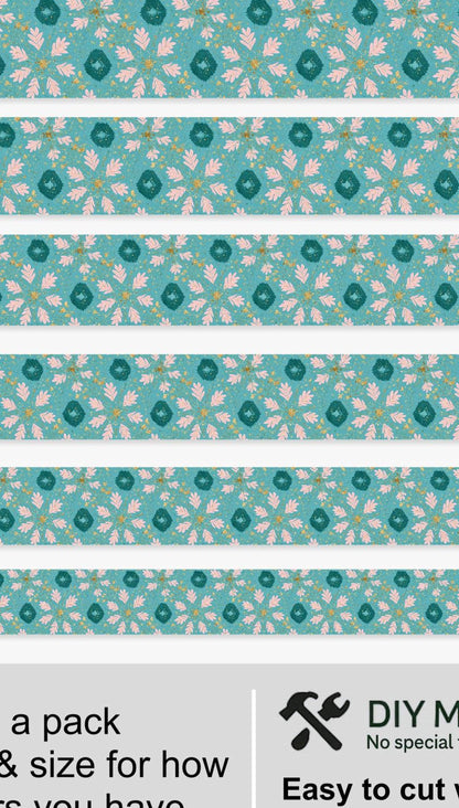 Boho Teal Pink Floral peel and stick stair riser decals