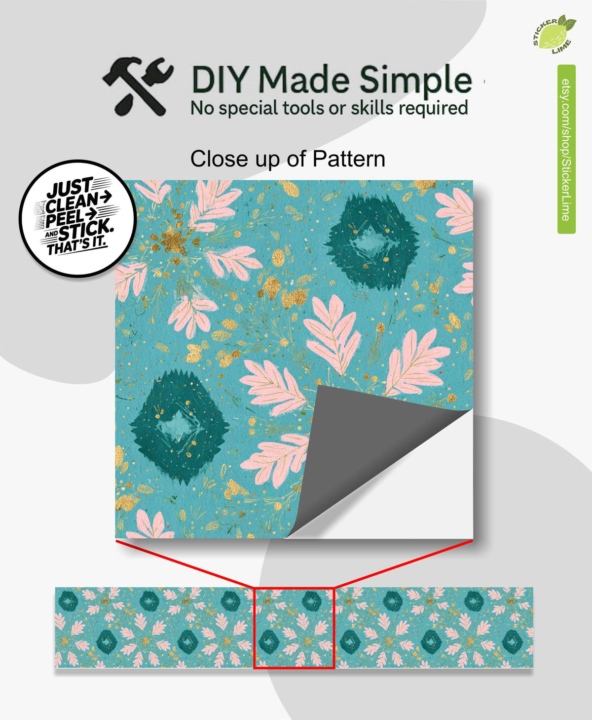 Boho Teal Pink Floral peel and stick stair riser decals, photo 2 of 8