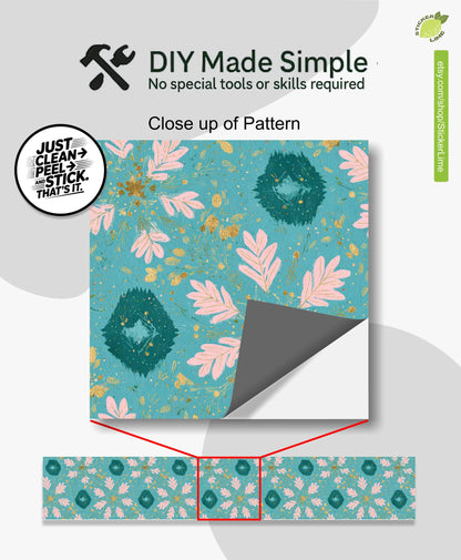 Boho Teal Pink Floral peel and stick stair riser decals, photo 2 of 8