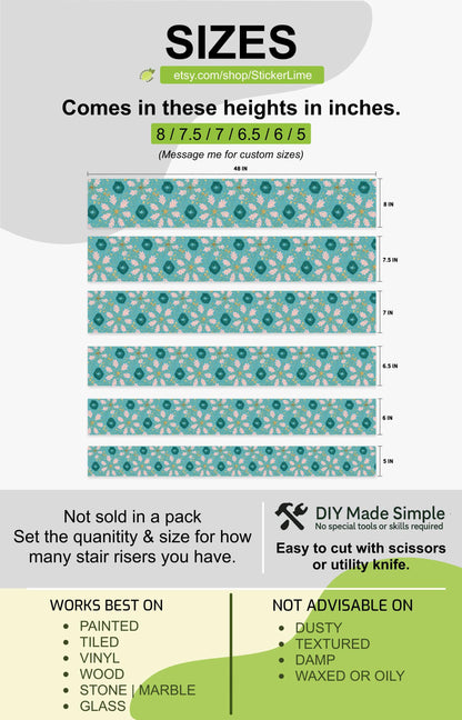 Boho Teal Pink Floral peel and stick stair riser decals, photo 3 of 8