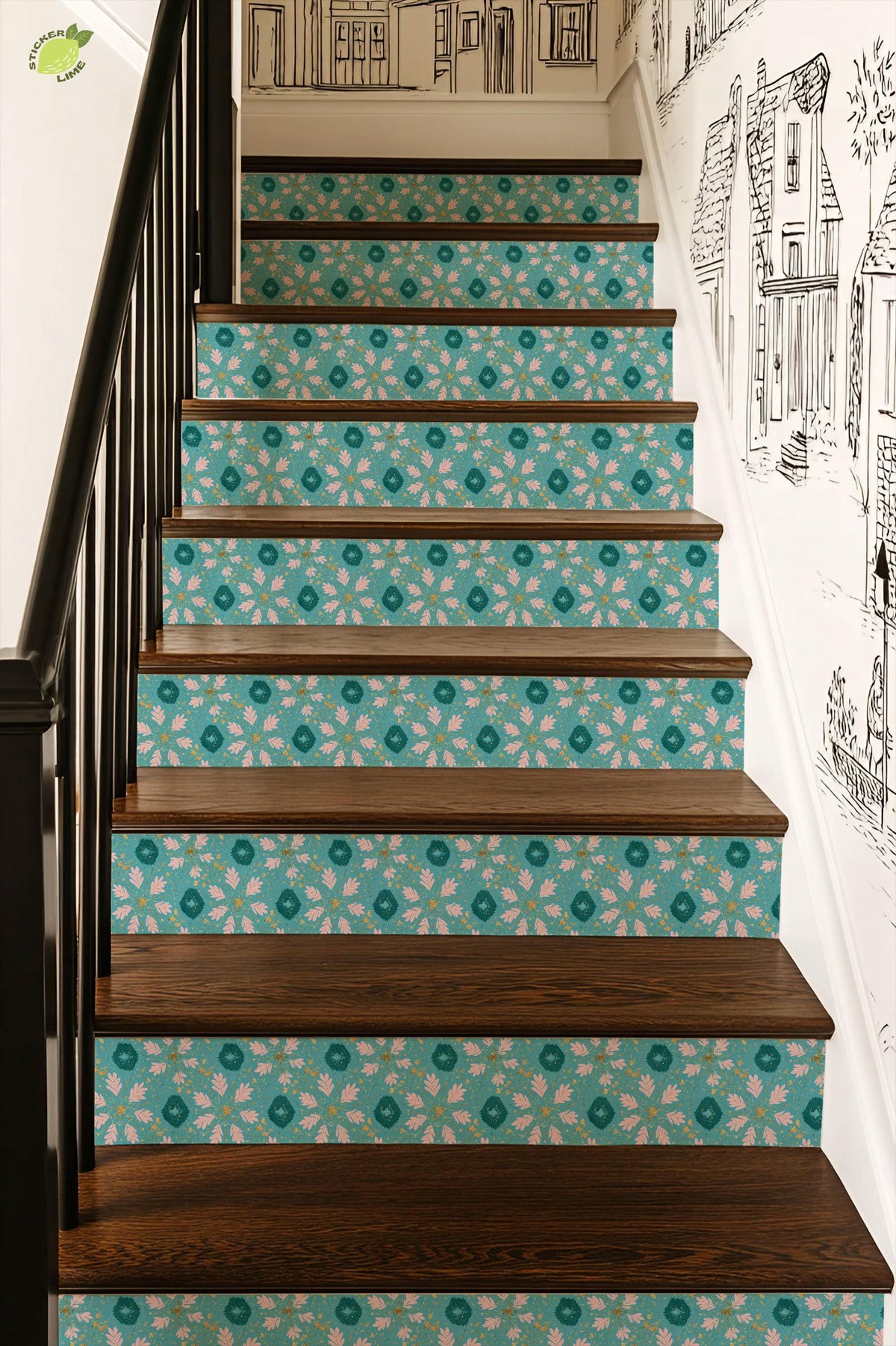 Boho Teal Pink Floral peel and stick stair riser decals, photo 4 of 8
