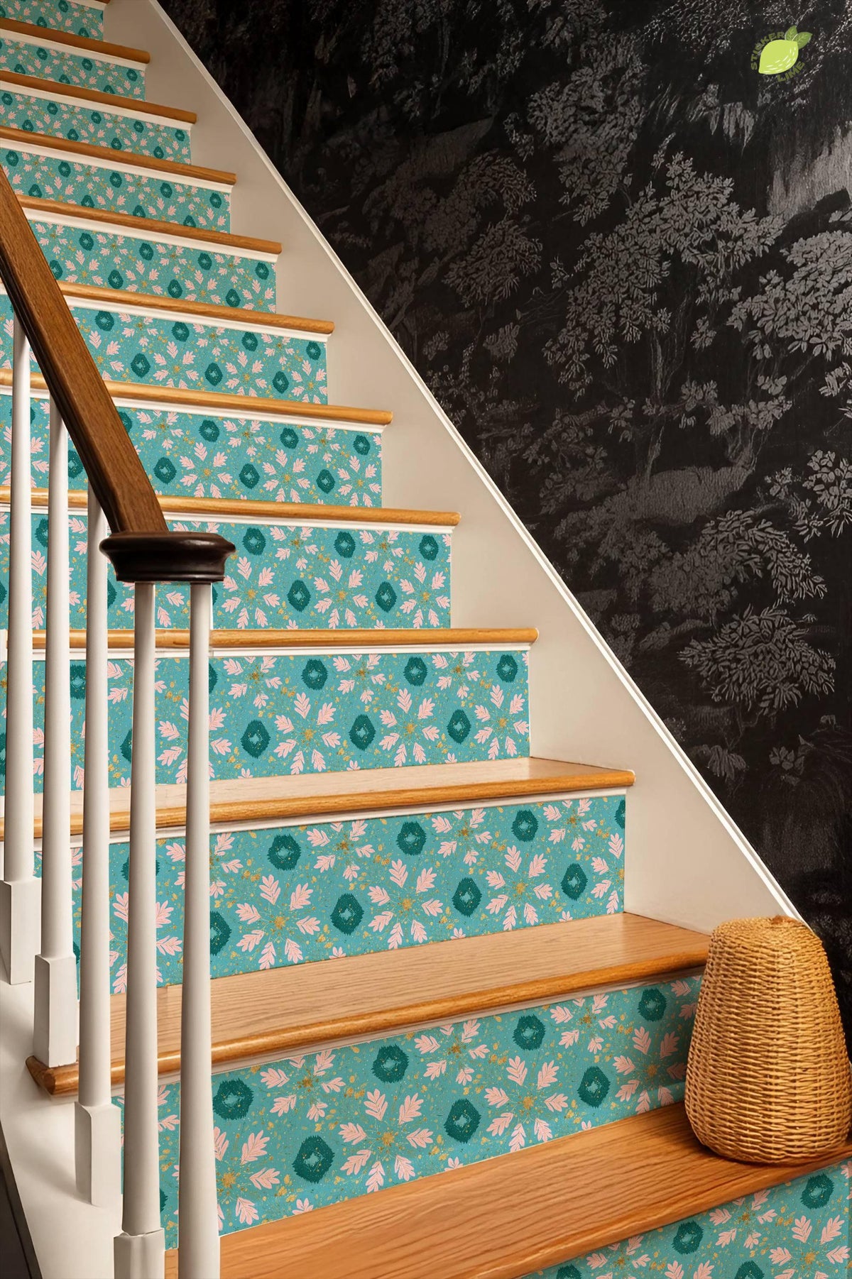 Boho Teal Pink Floral peel and stick stair riser decals, photo 6 of 8