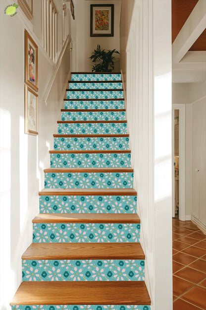 Boho Teal Pink Floral peel and stick stair riser decals, photo 7 of 8