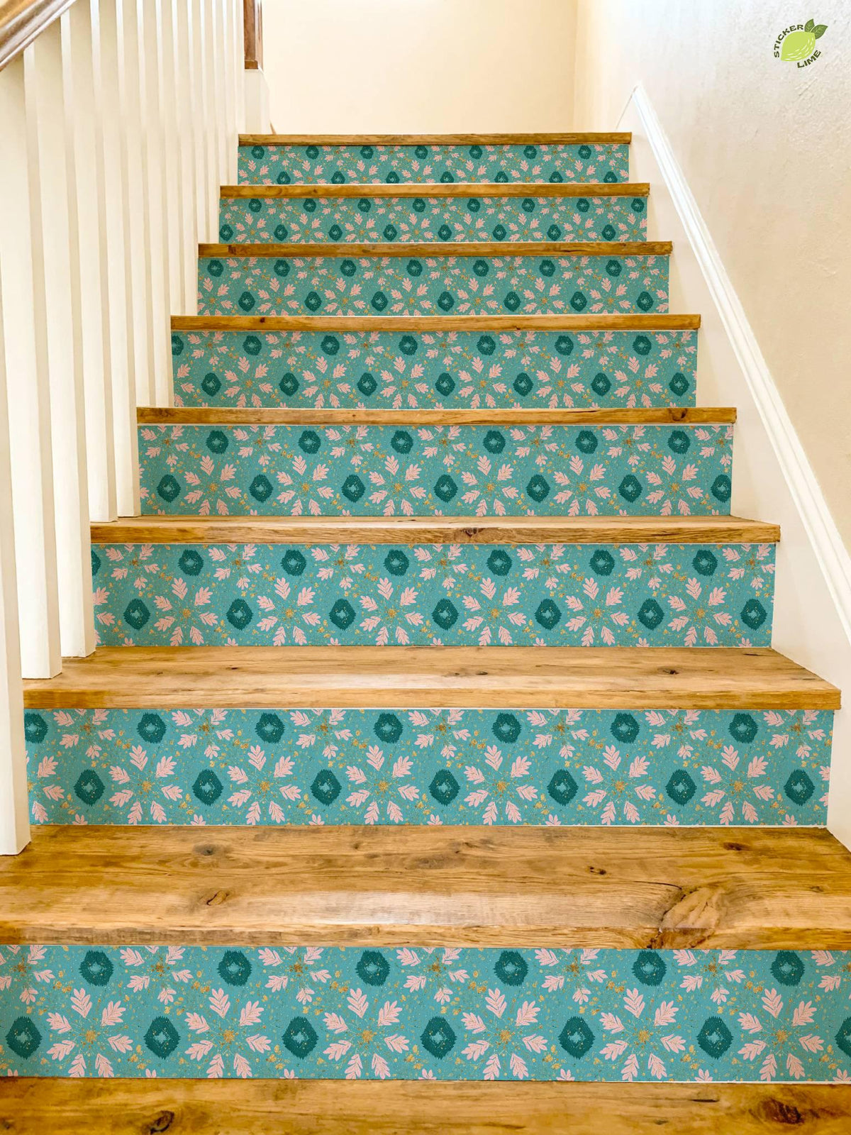 Boho Teal Pink Floral peel and stick stair riser decals, photo 8 of 8
